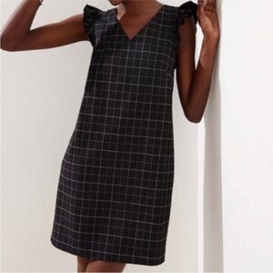 LOFT Black Windowpane Plaid Flutter Sleeve Shift Mini Dress